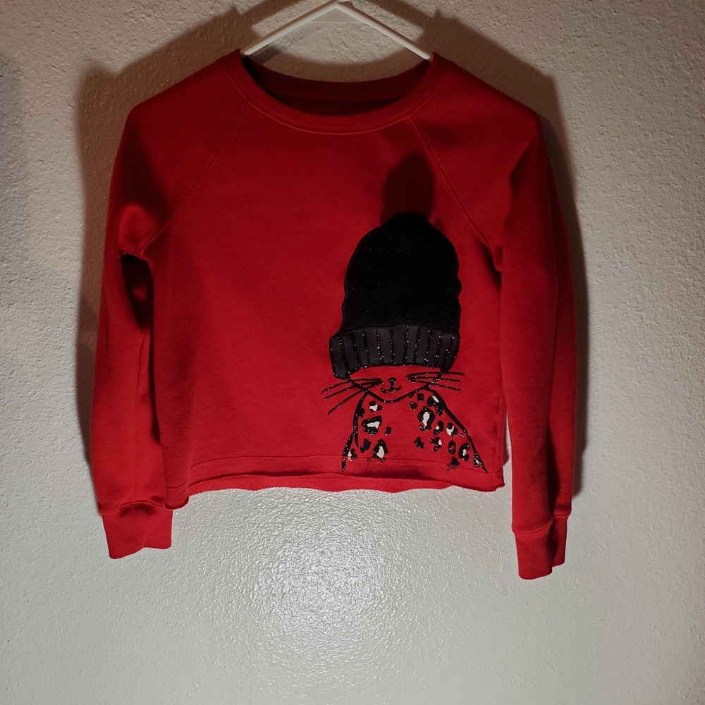 Red sweatshirt with cat decal on the front